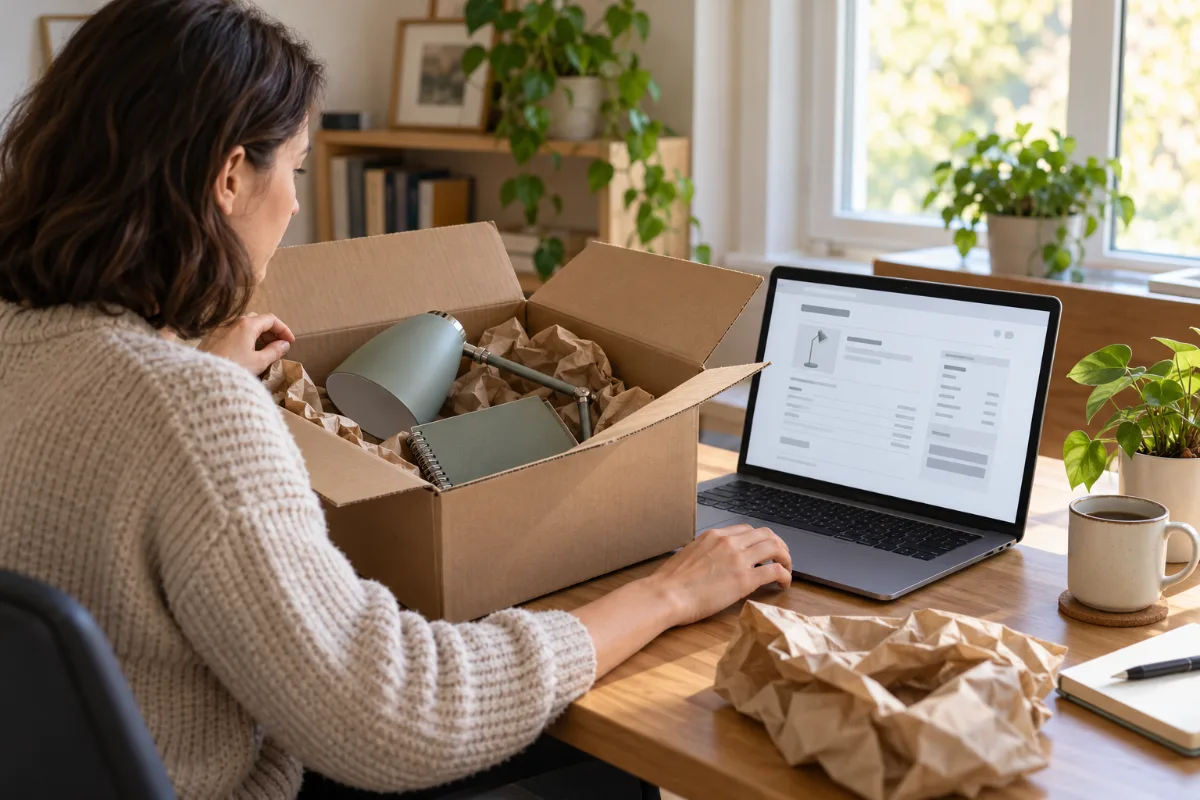 A person opens an unbranded delivery box beside a laptop with an order document