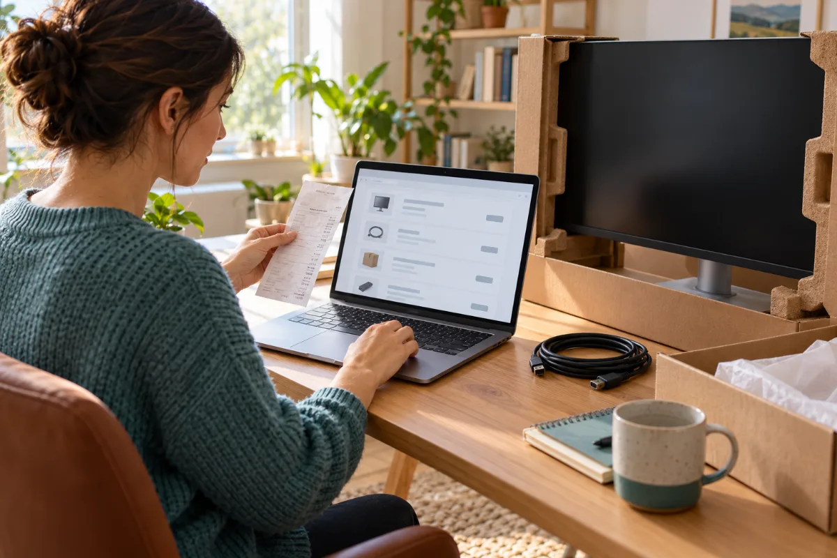 A professional compares a purchase receipt with order records beside a newly unpacked monitor