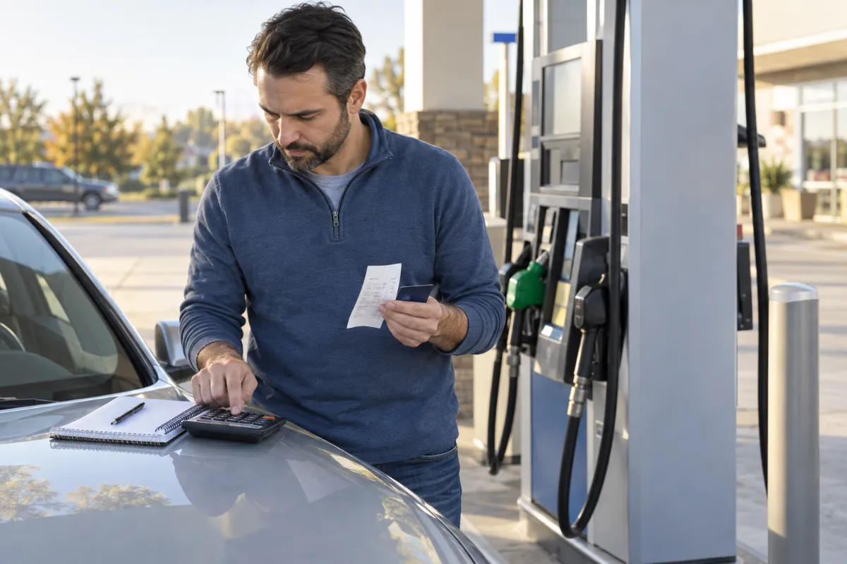 A motorist checks a generic fuel receipt beside an unbranded gas pump with a notebook and calculator on a car hood