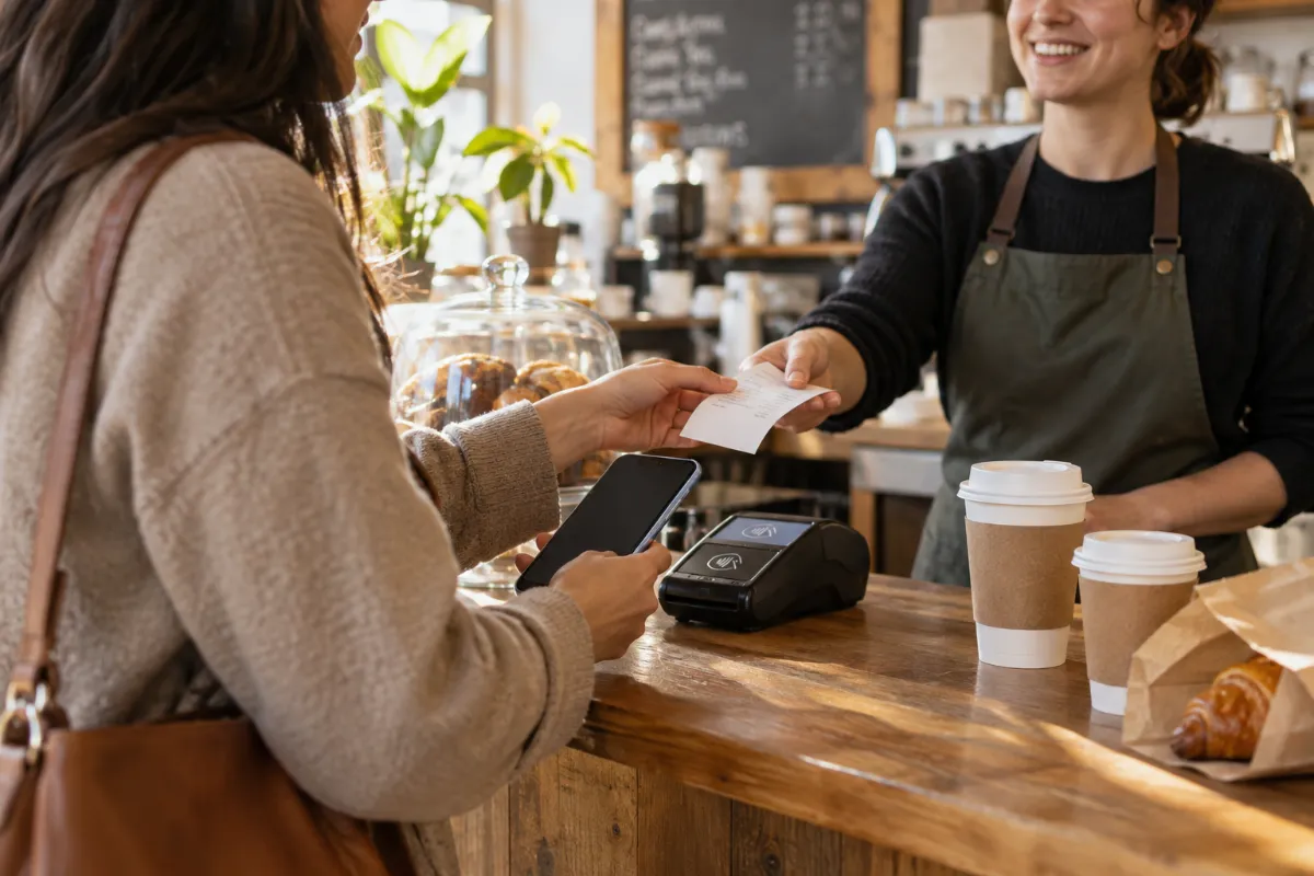 Cafe customer receives a paper receipt while holding a phone near a payment terminal beside coffee cups and a pastry bag