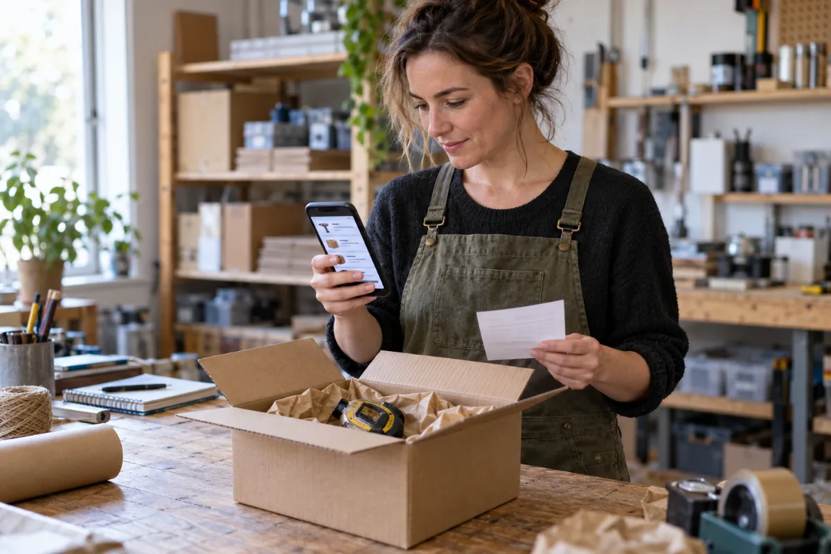 A workshop owner checks purchase records beside an open parcel containing a measuring tool