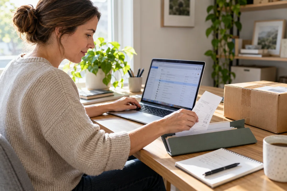 A person files a generic printed receipt beside a laptop showing email and a delivery box