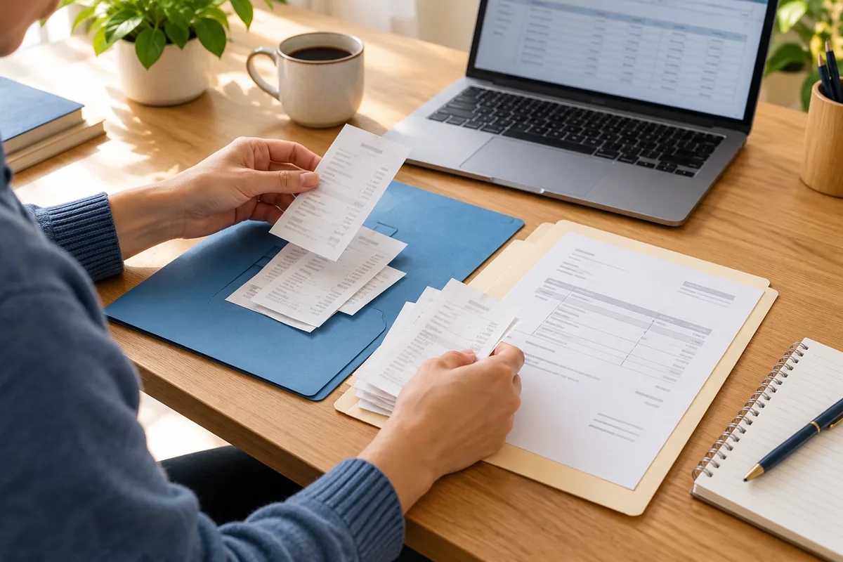 A person sorts generic purchase receipts and an invoice into folders beside a laptop with a spreadsheet