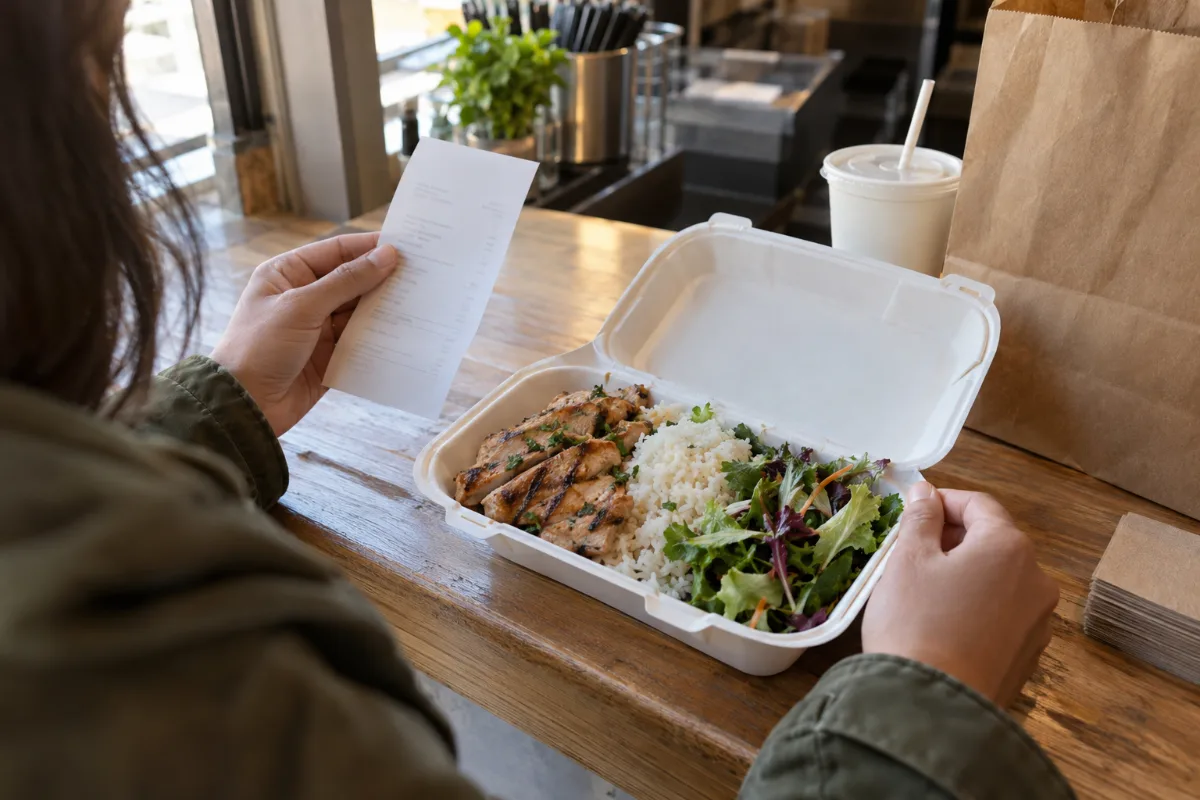 A customer checks a paper receipt beside an open chicken-and-rice takeout meal at a restaurant pickup counter