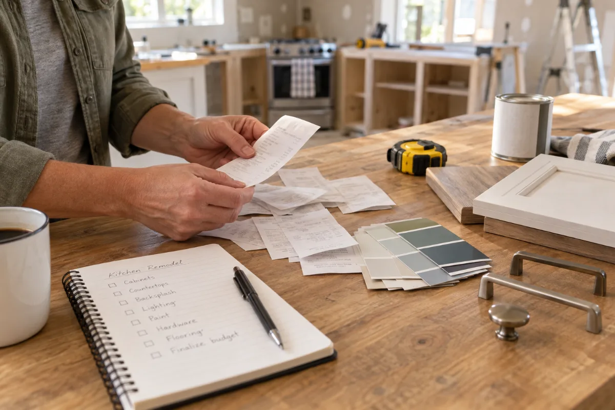 Hands organize paper receipts beside paint swatches, wood trim, cabinet handles and a tape measure during a home renovation