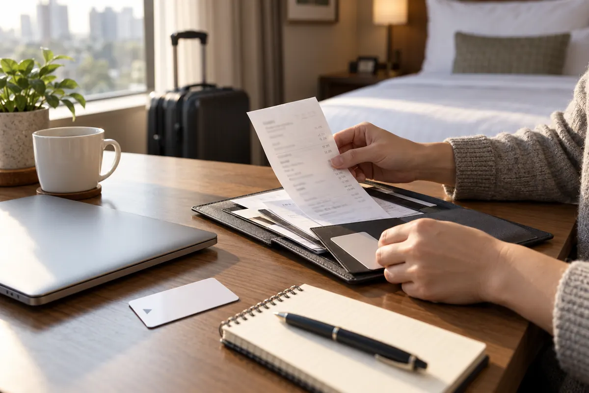 Traveler sorting a generic hotel bill and travel papers on a desk beside a notebook and laptop