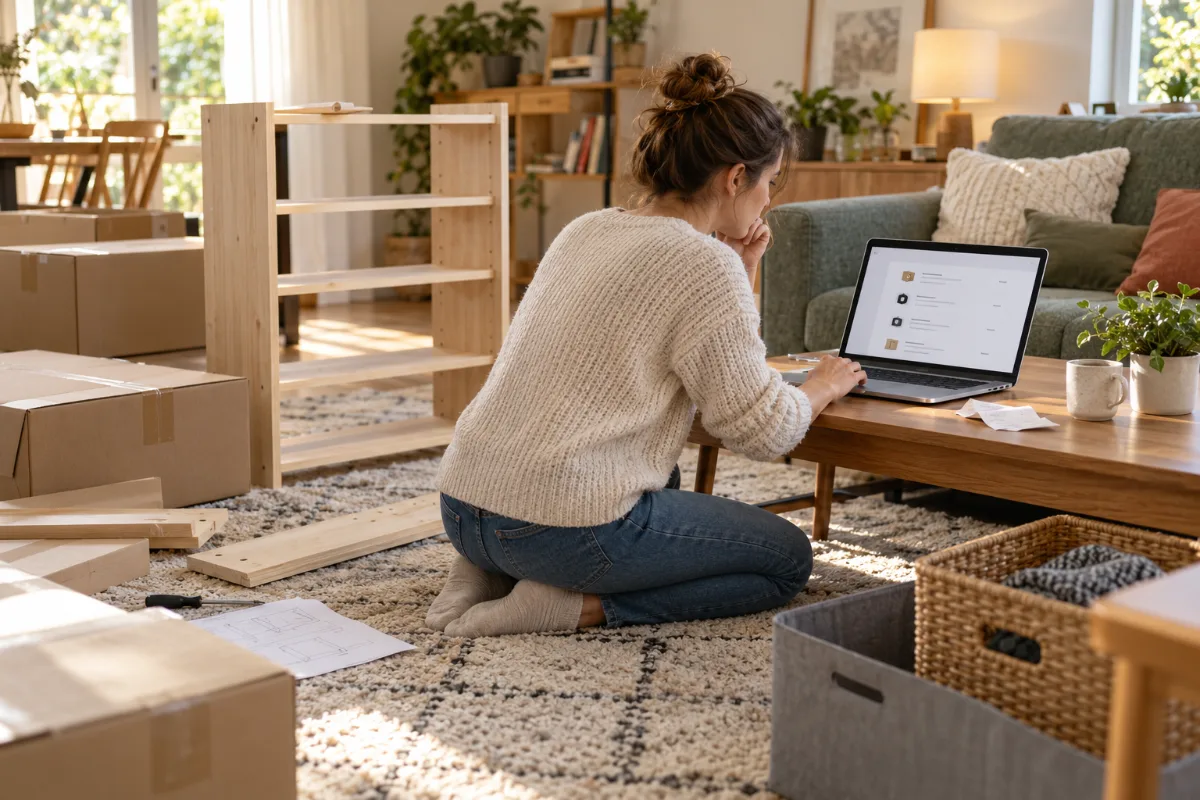 A person reviews purchase records beside flat-pack boxes and a partially assembled shelf
