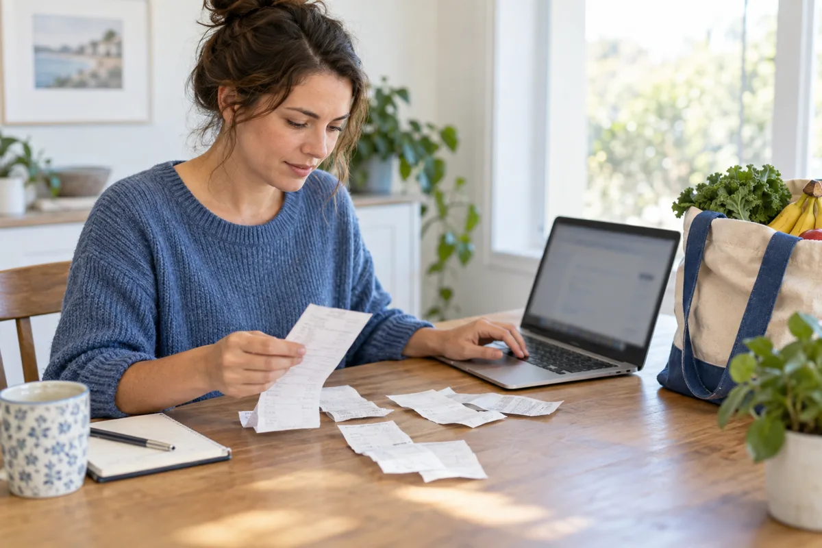 A shopper reviews a laptop while sorting paper receipts beside a grocery bag