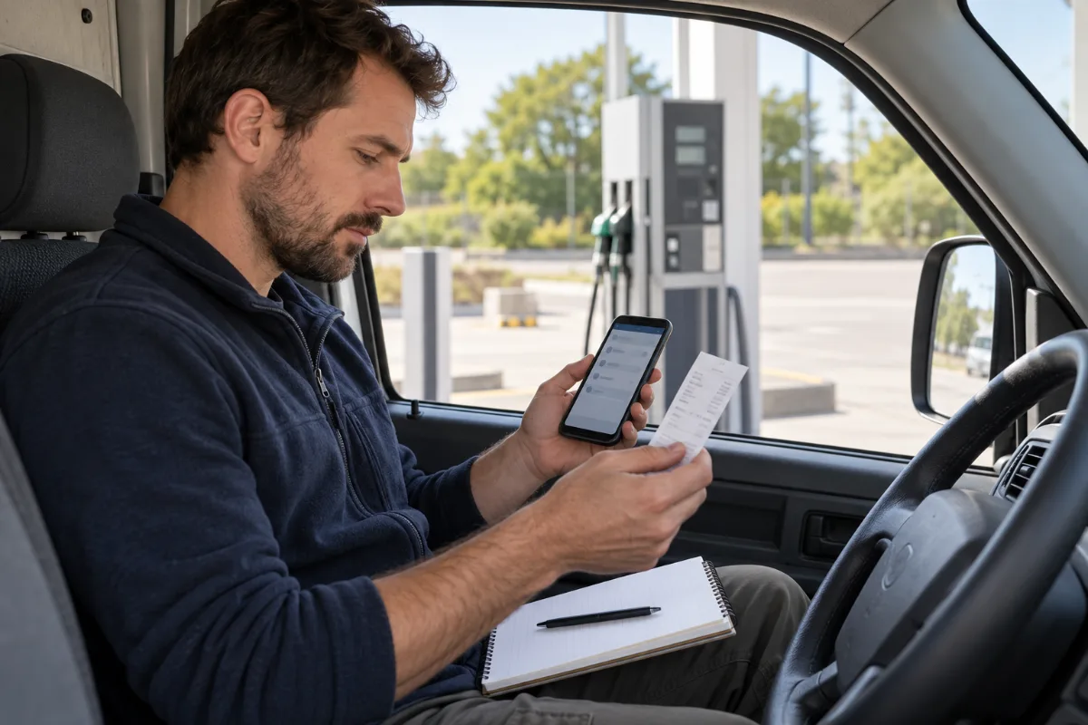 A driver in a parked van compares a generic paper receipt with a phone at an unbranded fuel station