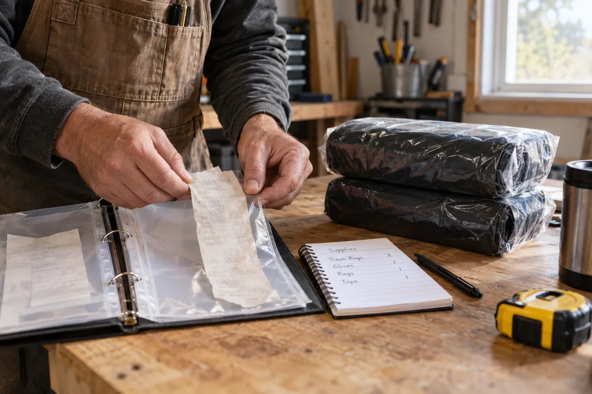 Contractor preserves a faded paper receipt in a document sleeve beside cleanup bag packs and a quantity notebook