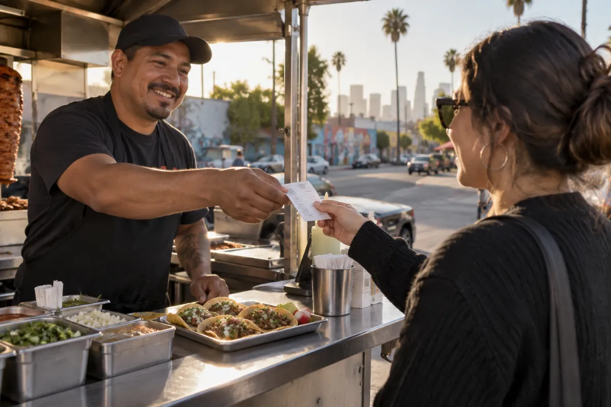 A customer receives a generic paper receipt at an unbranded street-food counter beside a tray of tacos