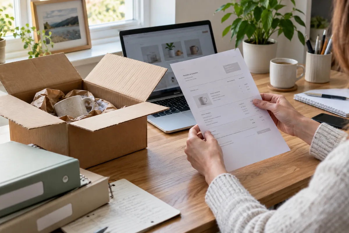 A shopper reviews a printed purchase document beside a laptop, open shipping carton and organized folders