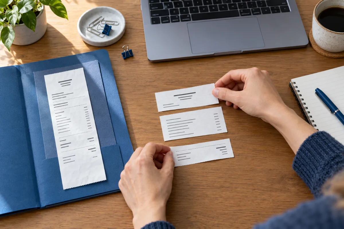 Hands arrange generic receipt field strips beside a laptop while an intact receipt rests in a blue document folder