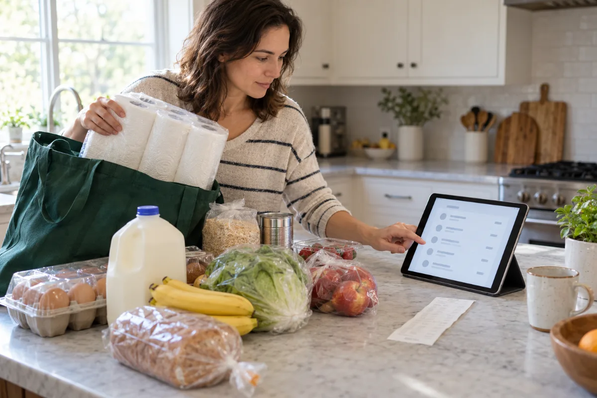 Una persona revisa el historial de compras mientras guarda alimentos y suministros del hogar sin marcas