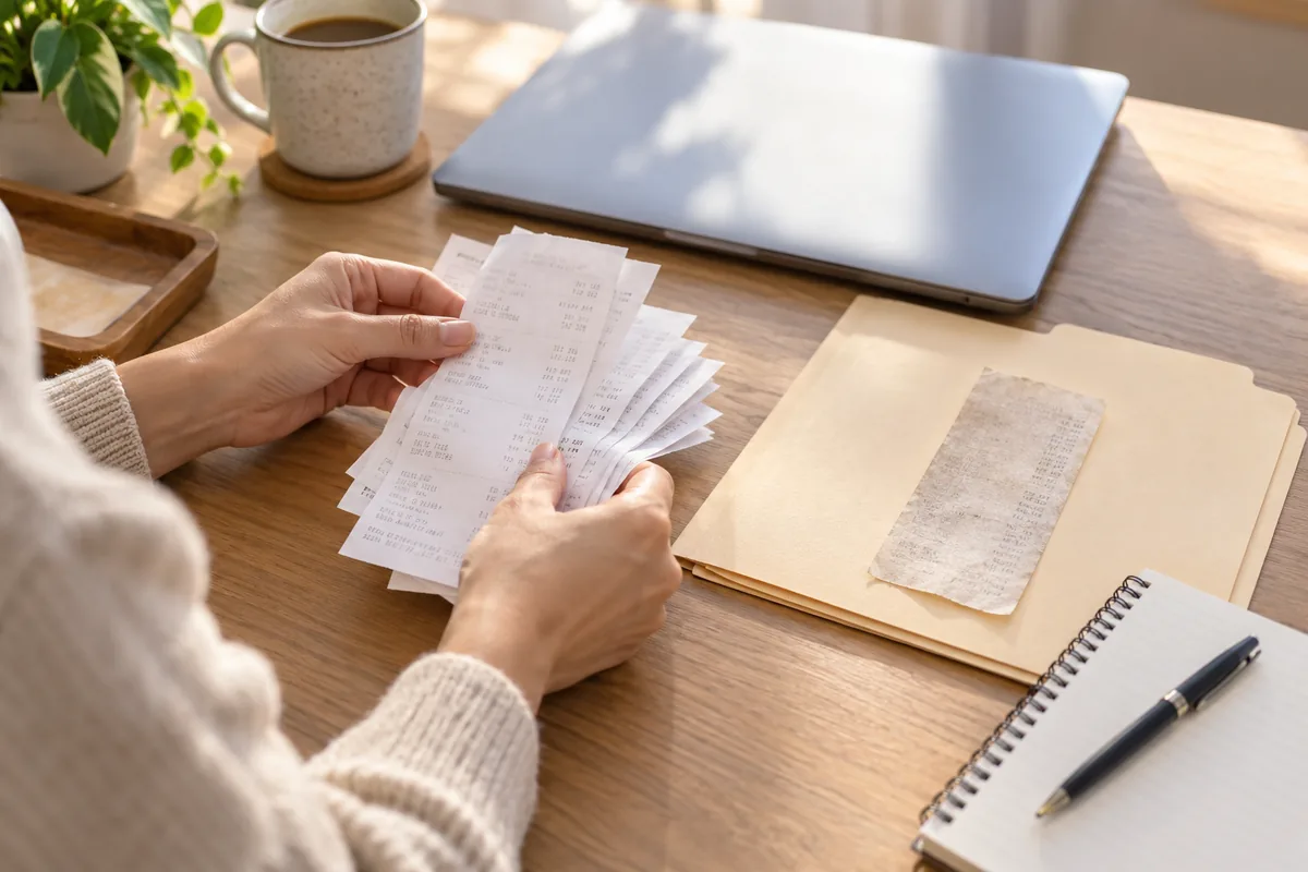 Hands sort generic paper purchase receipts beside a faded receipt, folder and notebook on a desk