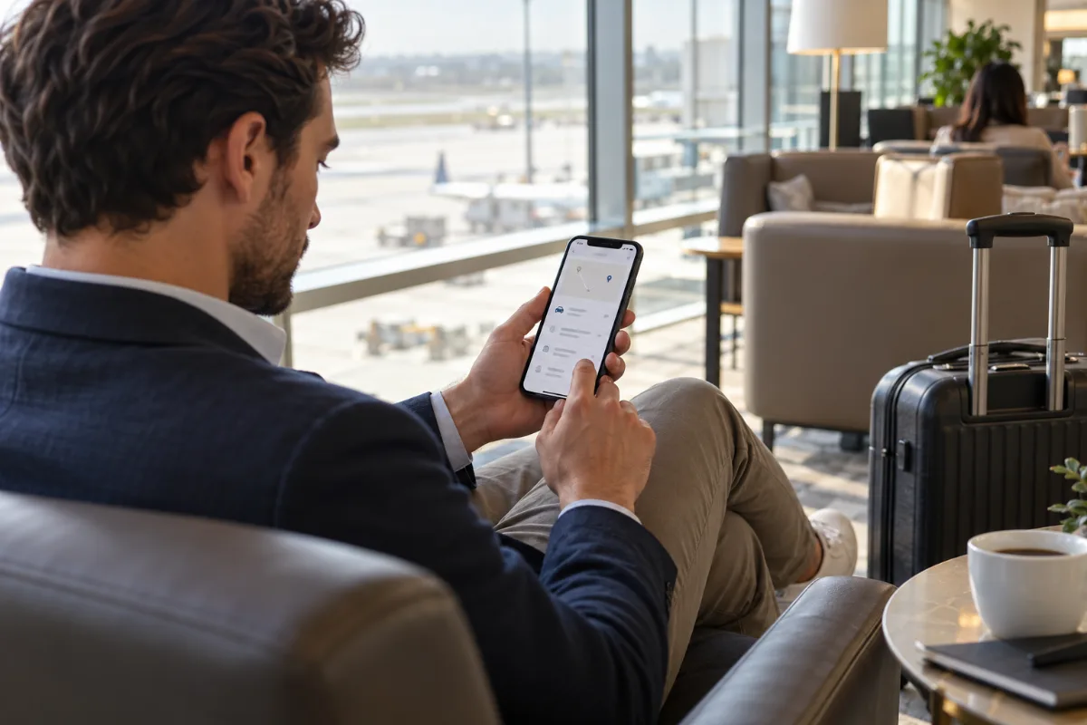 A traveler in an airport lounge reviews a generic trip document on a phone beside a carry-on bag
