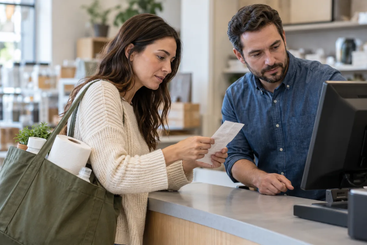 A customer and store employee review a generic paper receipt at an unbranded service counter