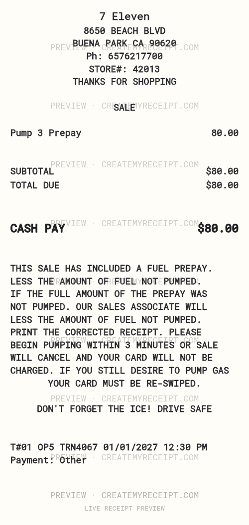 7-Eleven receipt template preview with store header, Pump 3 fuel prepay and totals