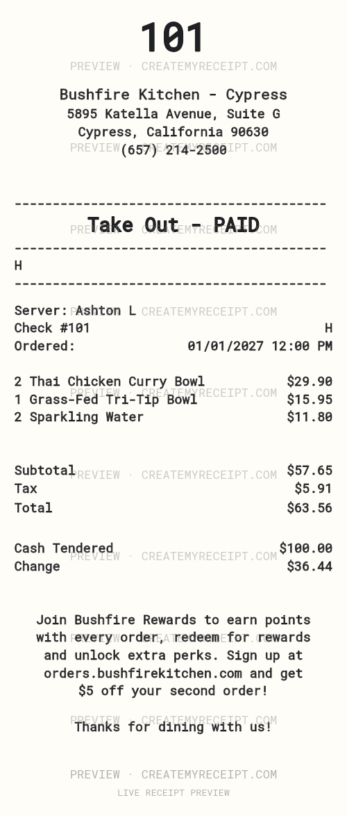 Bushfire Kitchen receipt template preview with restaurant header, meal items and totals