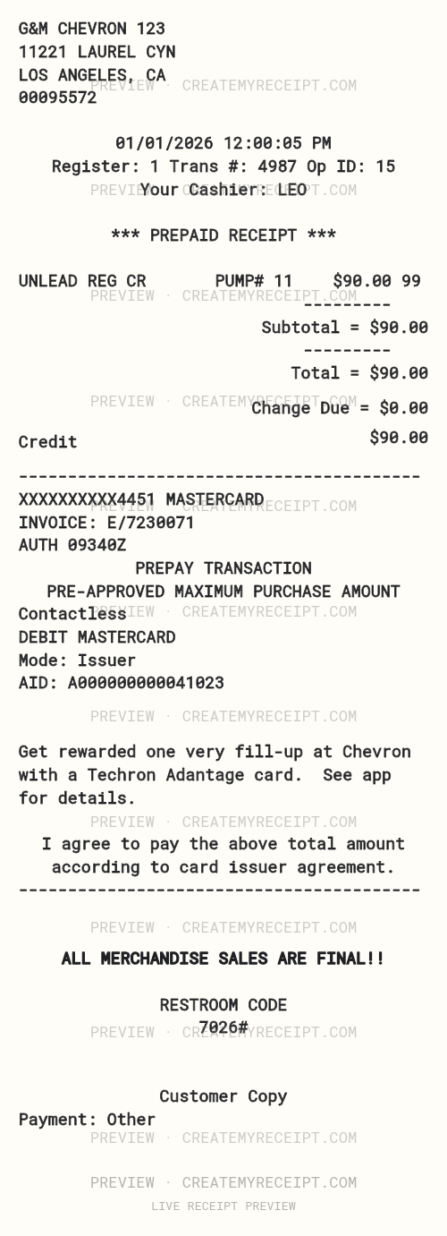 CMR receipt preview for Chevron