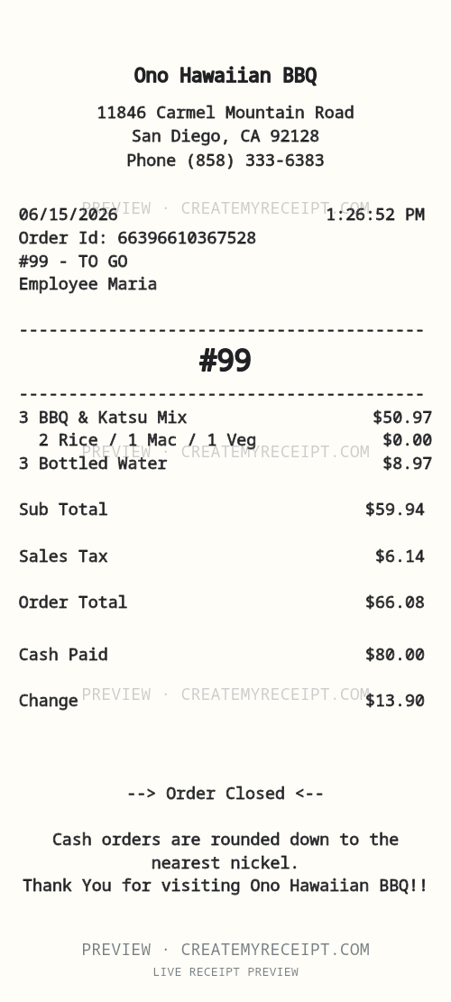 Preview of the editable Ono Hawaiian BBQ San Diego dining example