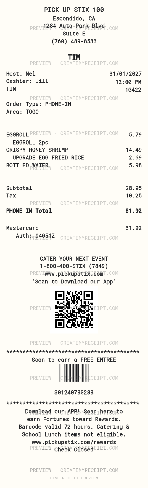 Pick Up Stix receipt template preview with restaurant header, itemized meal and totals