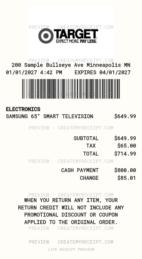 Target receipt template preview with logo, barcode and fictional electronics purchase