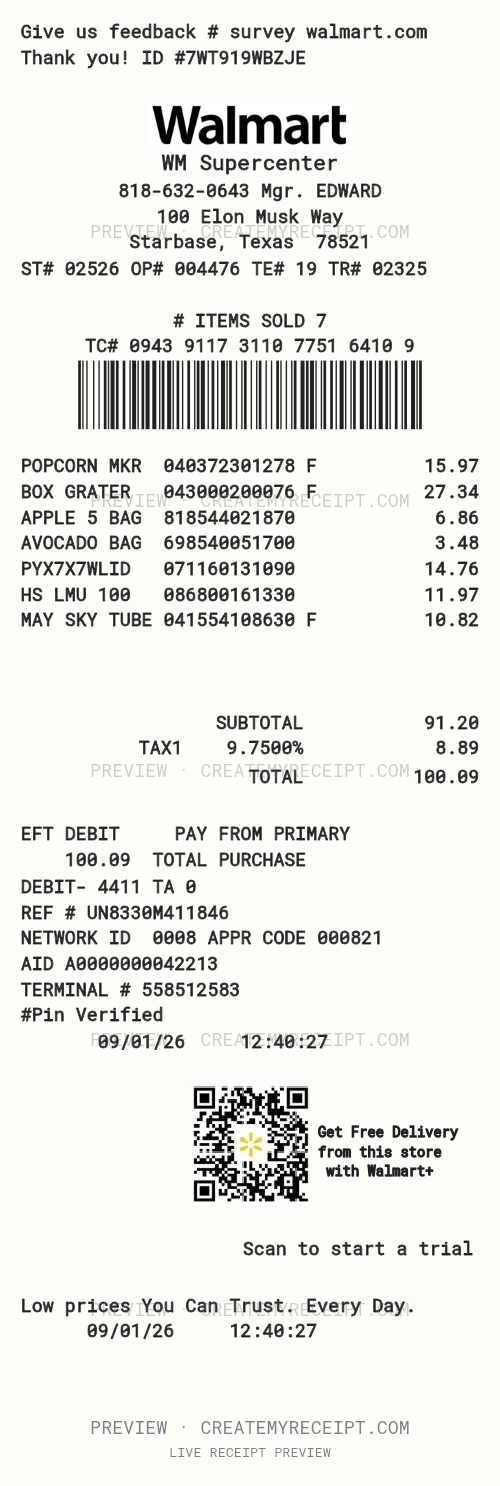 Walmart receipt template logo preview with fictional sample location and CMR preview watermark